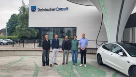 In front of the Steinbacher-Consult company building, right next to the distinctive “charging mushroom” (from left to right: Maxime Lucas, Benjamin Dietz, and Steffen Lauter from Steinbacher-Consult; Jiahe Chu and Prof. Matthias Huber from THI, InES)