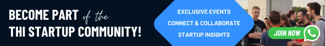 Grafik mit Text: Become Part of the THI Startup Community - Exclusive Events, Connect & Collaborate, Startup Insights - und einem Bild einer Menschenmenge bei einer Veranstaltung