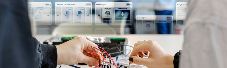 Hände an einem Microcomputer, dahinter Collage einer Appanwendung