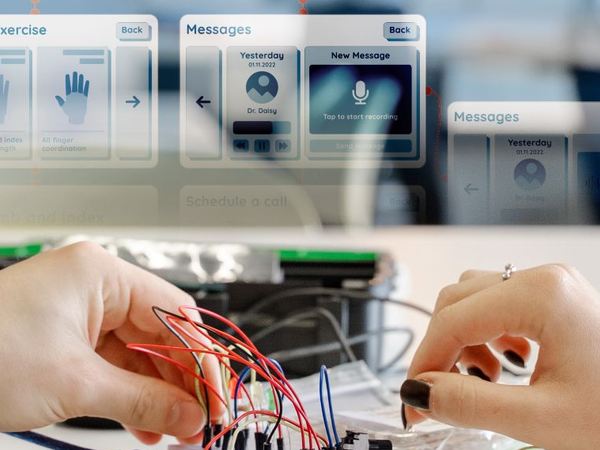 Hände an einem Microcomputer, dahinter Collage einer Appanwendung
