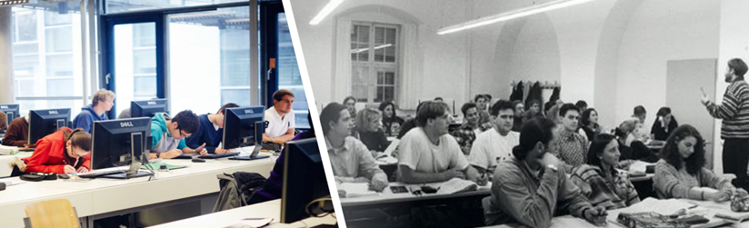 Der linke Teil des Bildes zeigt eine aktuelle Vorlesung mit Studierenden, die vor Computern sitzen. Der rechte Abschnitt zeugt eine Vorlesung aus der Gründungszeit der THI in den 90er Jahren.