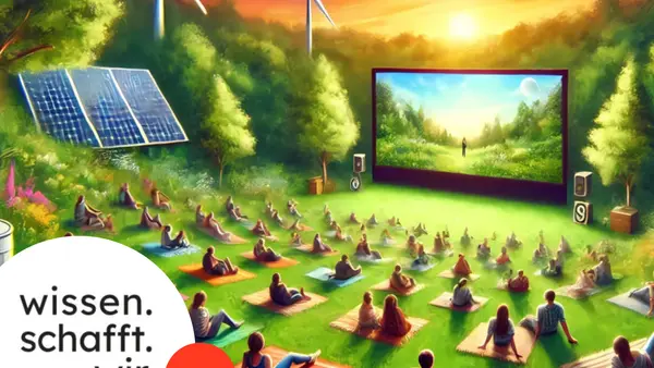 KI-generiertes Bild eines Wissenschaftskinos, dass eine Kinoleinwand sowie Kinobesucher im Freien darstellt, umgeben von Natur, Windrädern und Solarpanals