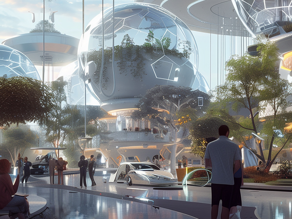 Futuristische, nachhaltige Stadtlandschaft mit schwebenden, transparenten Kuppelbauten, die Natur und Hightech vereinen. Menschen arbeiten und bewegen sich in einer vernetzten, digital unterstützten Umgebung mit autonomen Fahrzeugen. Das Bild verkörpert Innovation, Zukunftsdenken und die Verbindung von Technologie, Gesellschaft und Umwelt.