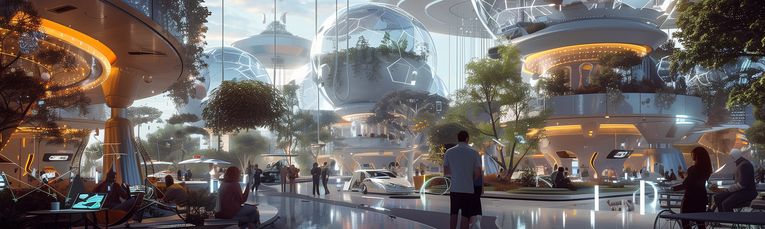 Futuristische, nachhaltige Stadtlandschaft mit schwebenden, transparenten Kuppelbauten, die Natur und Hightech vereinen. Menschen arbeiten und bewegen sich in einer vernetzten, digital unterstützten Umgebung mit autonomen Fahrzeugen. Das Bild verkörpert Innovation, Zukunftsdenken und die Verbindung von Technologie, Gesellschaft und Umwelt.